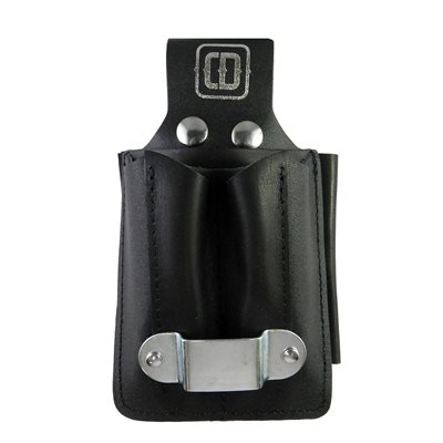 Shipping holster, metal tape holder and screwdriver, black leather