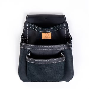 Tool and nail pouch, 3 pockets, black leather